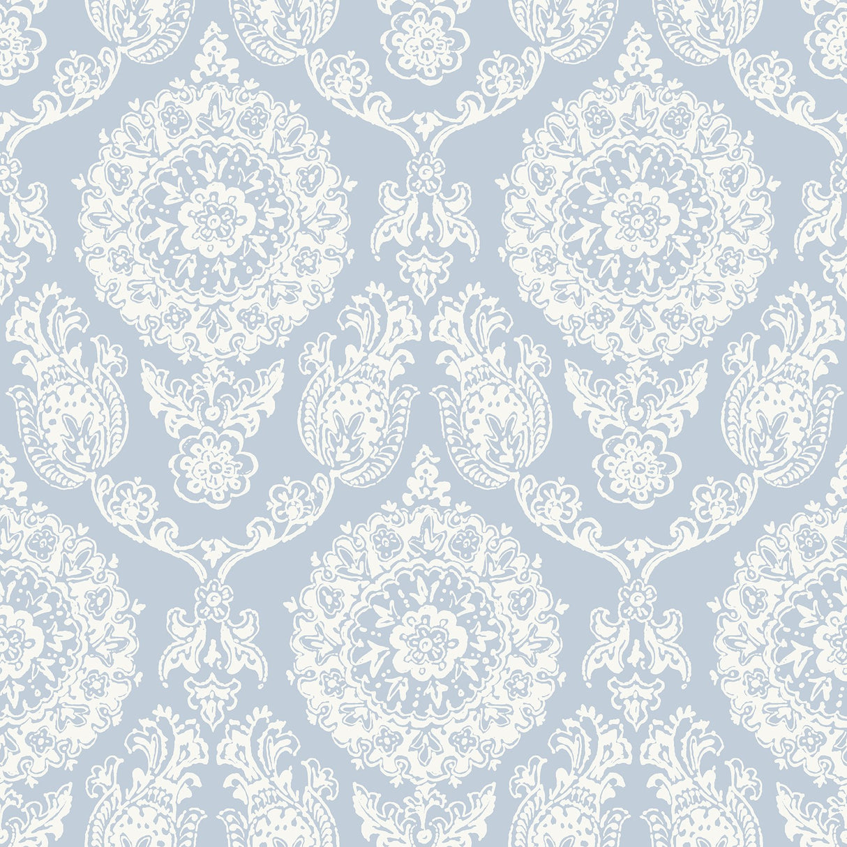 Helm Damask Light Blue Floral Medallion Wallpaper with Coastal Medallions Pattern - Chesapeake 4071-71019
