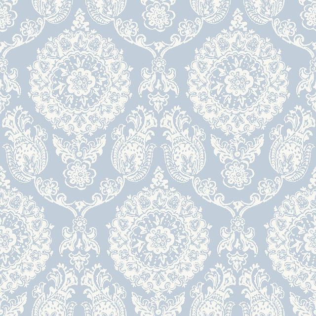 Helm Damask Light Blue Floral Medallion Wallpaper with Coastal Medallions Pattern - Chesapeake 4071-71019