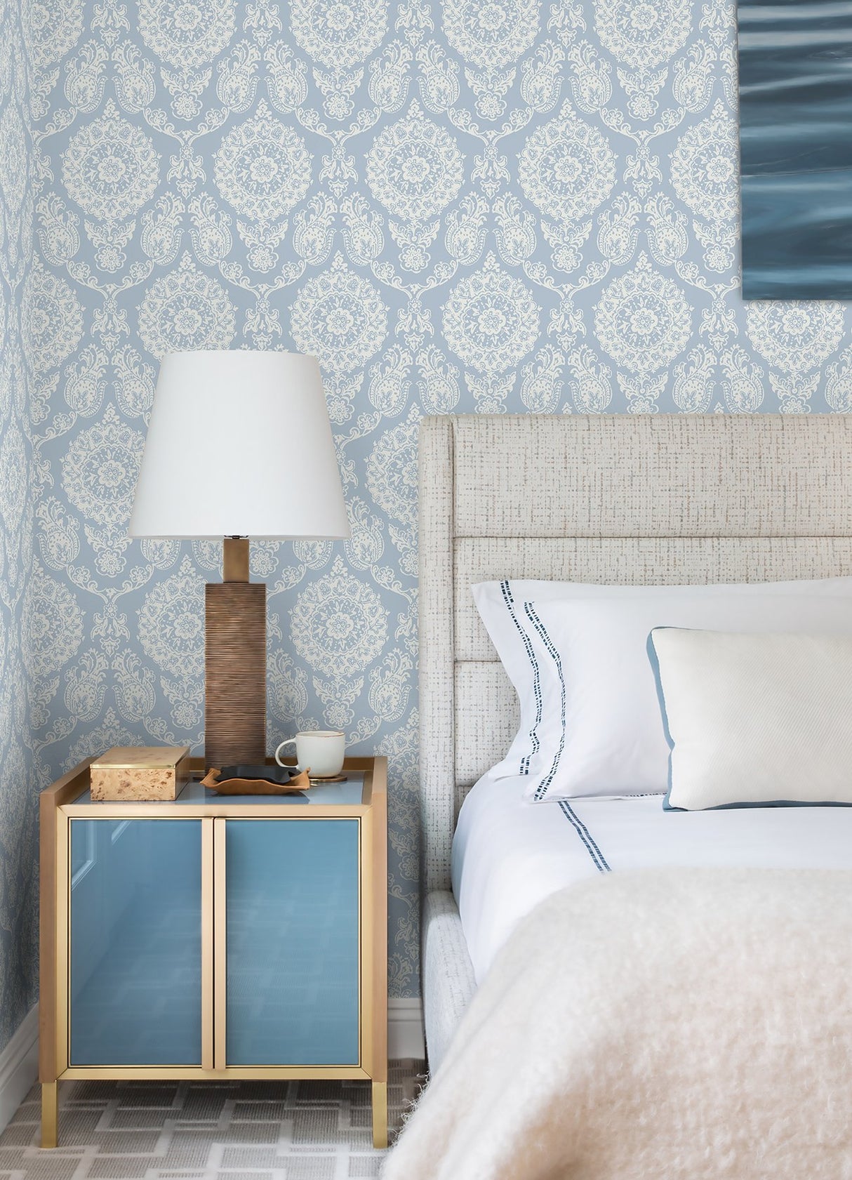 Helm Damask Light Blue Floral Medallion Wallpaper with Coastal Medallions Pattern - Chesapeake 4071-71019