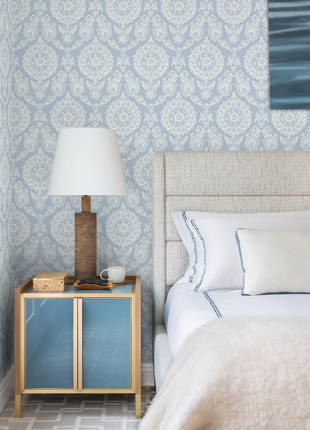 Helm Damask Light Blue Floral Medallion Wallpaper with Coastal Medallions Pattern - Chesapeake 4071-71019