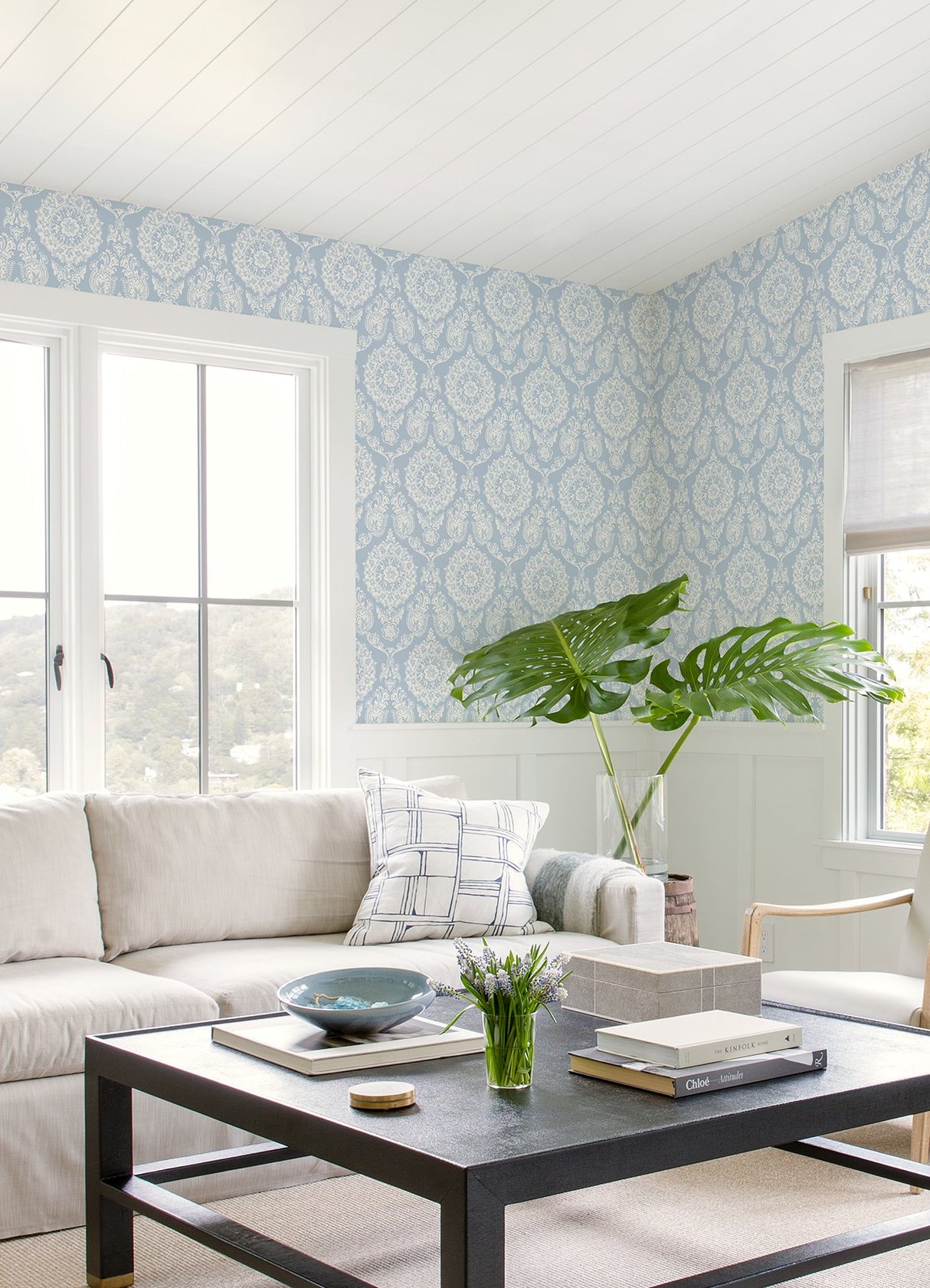 Helm Damask Light Blue Floral Medallion Wallpaper with Coastal Medallions Pattern - Chesapeake 4071-71019