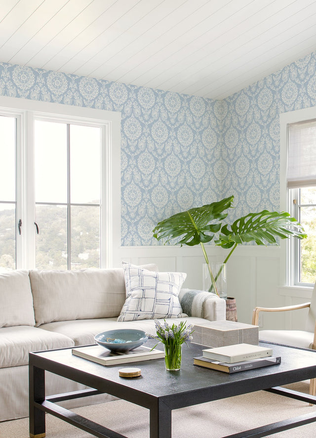 Helm Damask Light Blue Floral Medallion Wallpaper with Coastal Medallions Pattern - Chesapeake 4071-71019