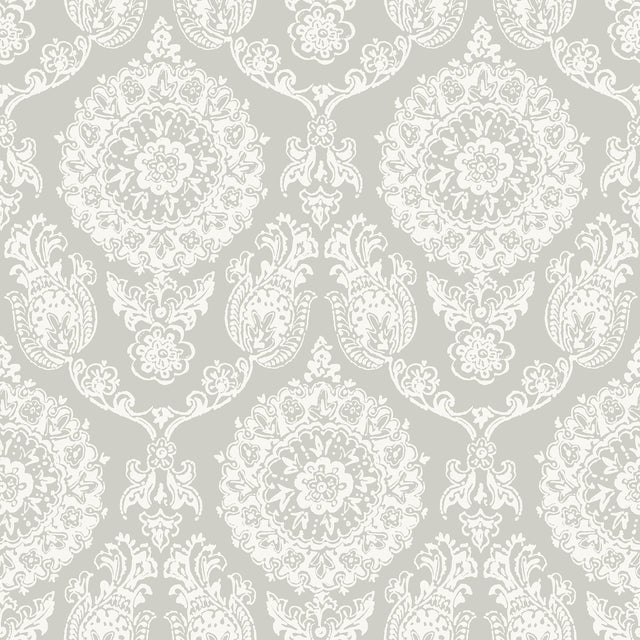 Helm Damask Taupe Floral Medallion Prepasted Wallpaper with Coastal Graphics Style - Chesapeake 4071-71020