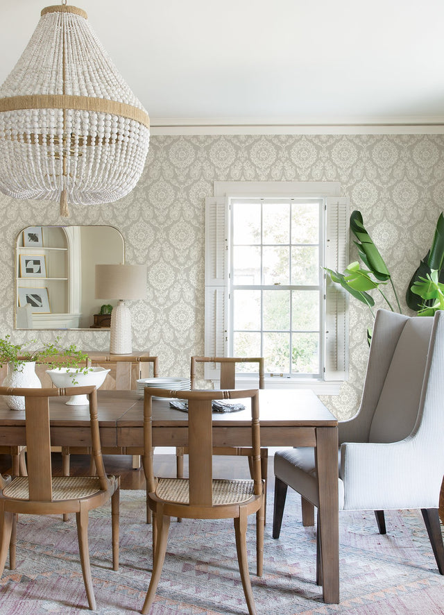 Helm Damask Taupe Floral Medallion Prepasted Wallpaper with Coastal Graphics Style - Chesapeake 4071-71020