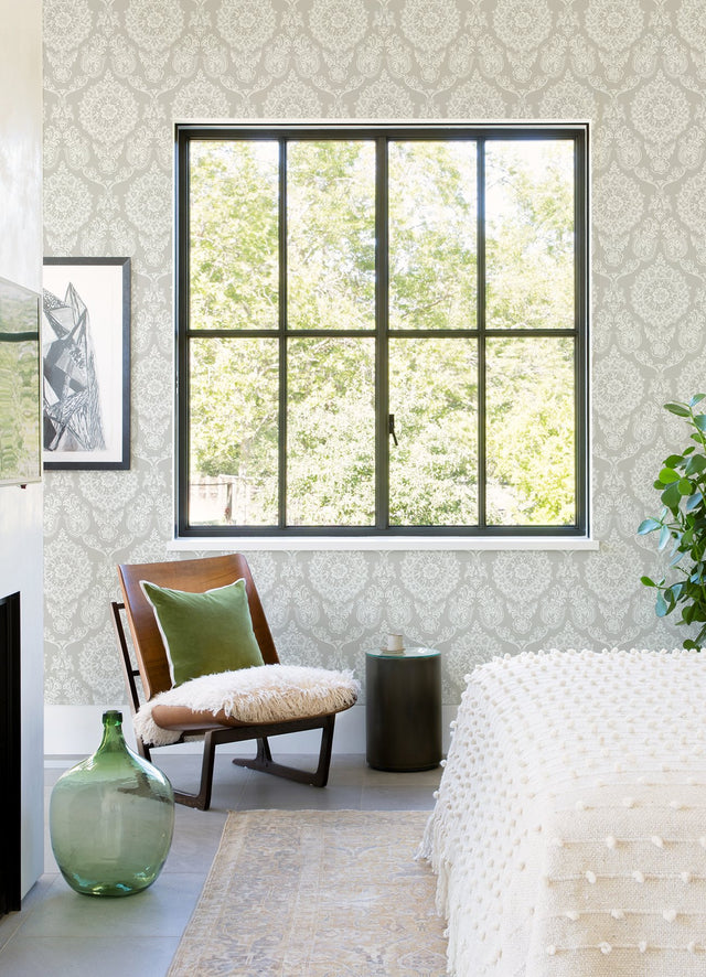 Helm Damask Taupe Floral Medallion Prepasted Wallpaper with Coastal Graphics Style - Chesapeake 4071-71020