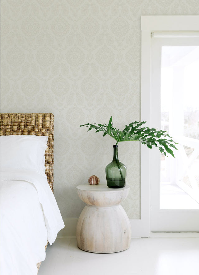 Helm Damask White Floral Medallion Wallpaper with Coastal Medallions Pattern - Brewster 4071-71021