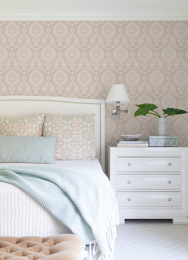Helm Damask Blush Floral Medallion Wallpaper with Coastal Medallions Pattern - Chesapeake 4071-71022