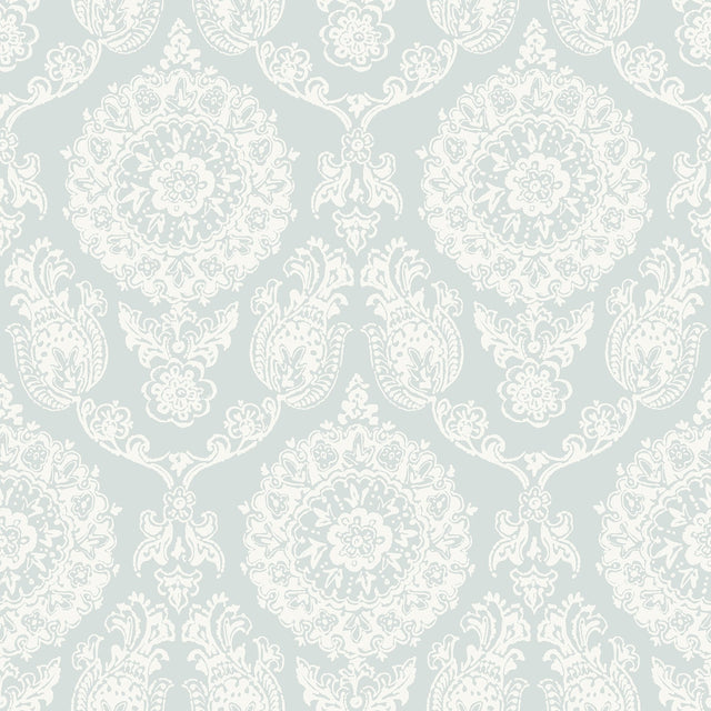 Helm Damask Aqua Floral Medallion Wallpaper with Coastal Graphics Medallions Pattern - Chesapeake 4071-71023