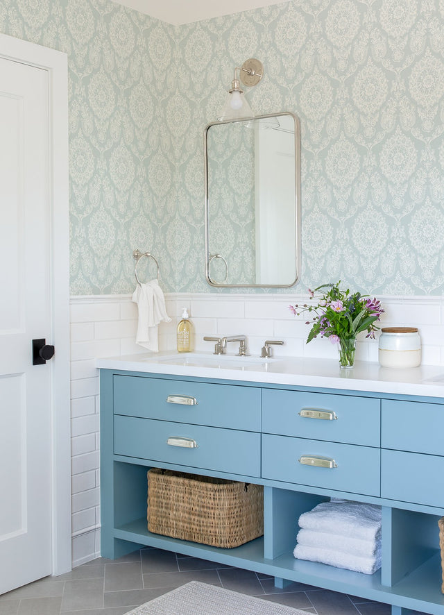 Helm Damask Aqua Floral Medallion Wallpaper with Coastal Graphics Medallions Pattern - Chesapeake 4071-71023