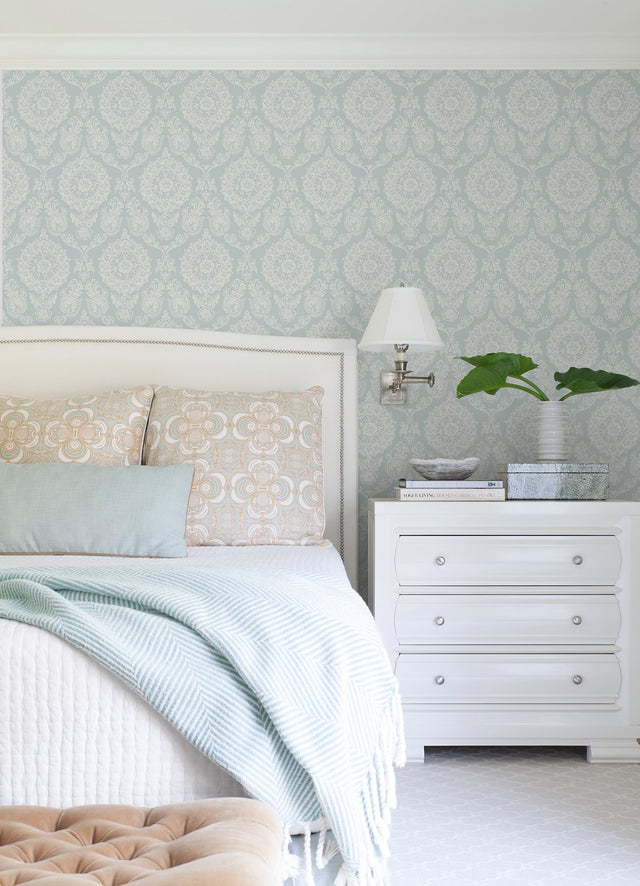 Helm Damask Aqua Floral Medallion Wallpaper with Coastal Graphics Medallions Pattern - Chesapeake 4071-71023