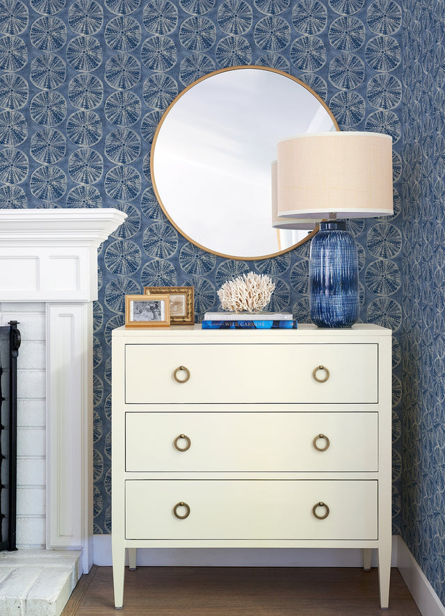 Sea Biscuit Blue Sand Dollar Wallpaper with Coastal Geometric Sand Dollar Motif - Chesapeake 4071-71025