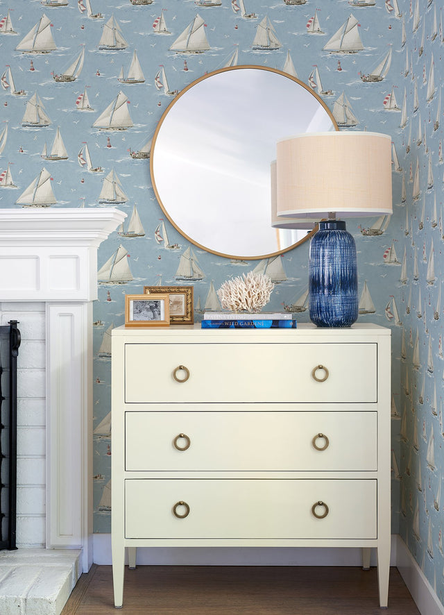 Leeward Light Blue Sailboat Wallpaper with Coastal Novelty Graphics - Chesapeake 4071-71034