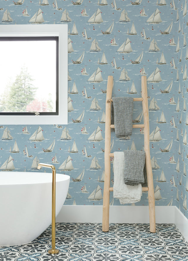 Leeward Light Blue Sailboat Wallpaper with Coastal Novelty Graphics - Chesapeake 4071-71034