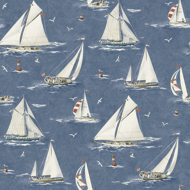 Leeward Navy Sailboat Wallpaper with Coastal Graphics Pattern - Chesapeake 4071-71035