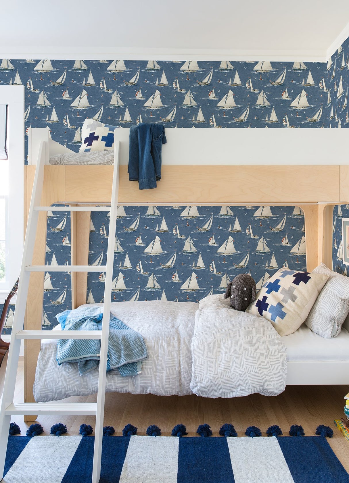 Leeward Navy Sailboat Wallpaper with Coastal Graphics Pattern - Chesapeake 4071-71035
