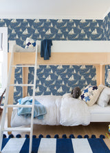 Leeward Navy Sailboat Wallpaper with Coastal Graphics Pattern - Chesapeake 4071-71035