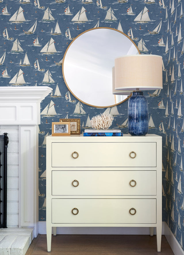 Leeward Navy Sailboat Wallpaper with Coastal Graphics Pattern - Chesapeake 4071-71035