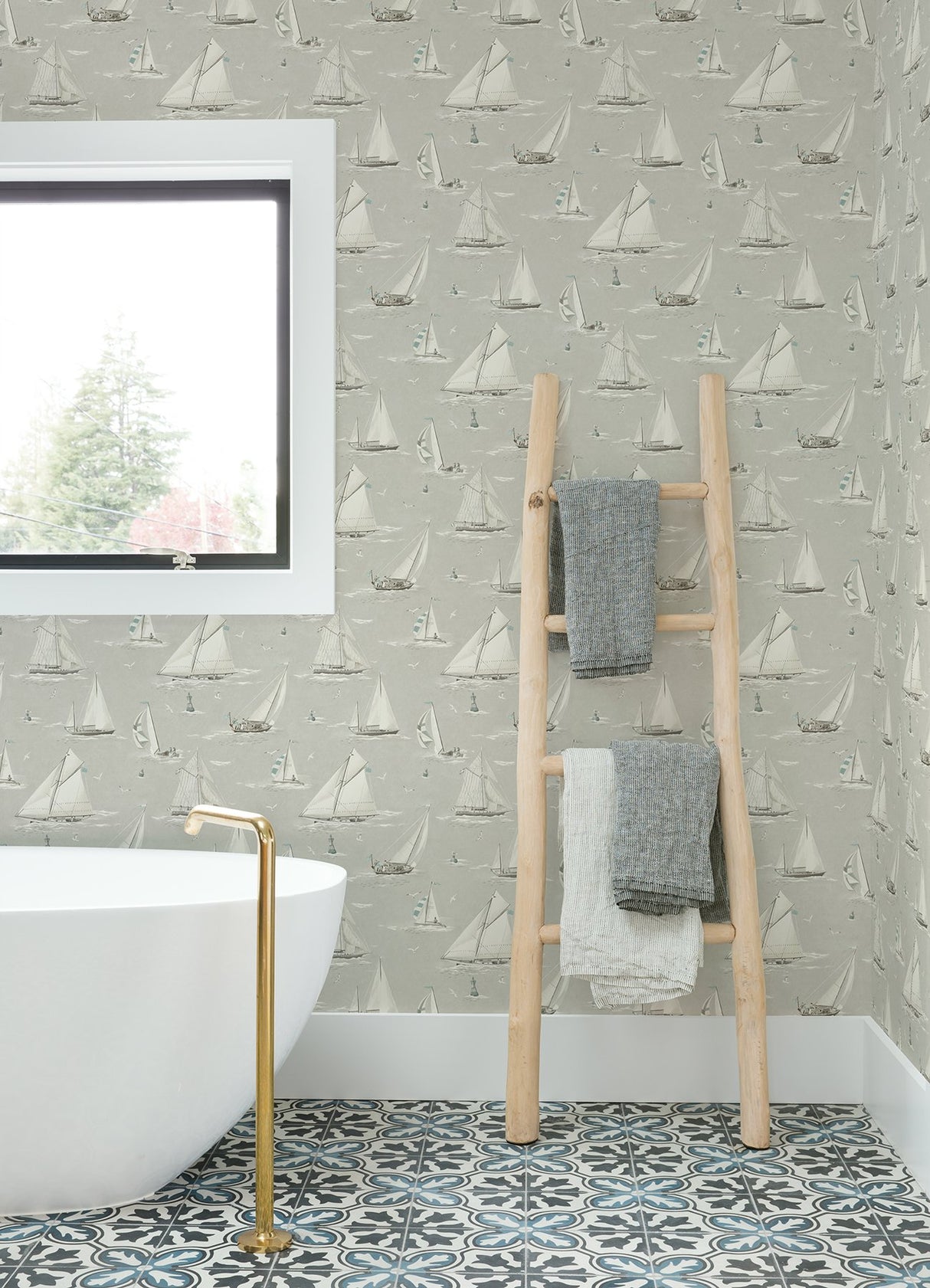 Leeward Light Grey Sailboat Wallpaper with Coastal Graphics Novelty Pattern - Chesapeake 4071-71036