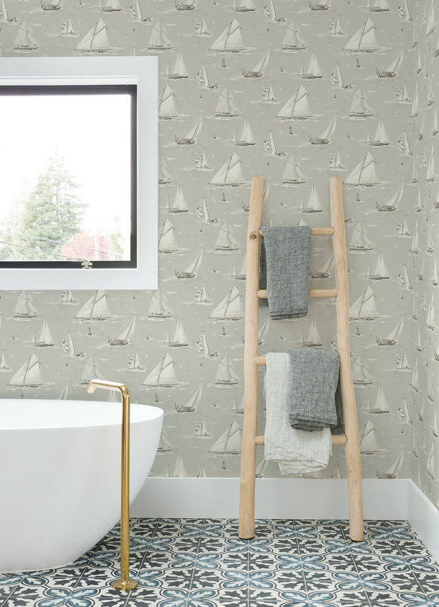 Leeward Light Grey Sailboat Wallpaper with Coastal Graphics Novelty Pattern - Chesapeake 4071-71036
