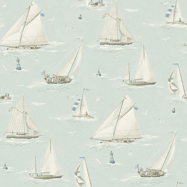 Leeward Aqua Sailboat Wallpaper with Coastal Novelty Graphics Pattern - Chesapeake 4071-71037