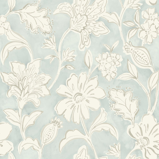 Plumeria Aqua Floral Trail Wallpaper with Botanical Flowers in Farmhouse Style - Chesapeake 4071-71038
