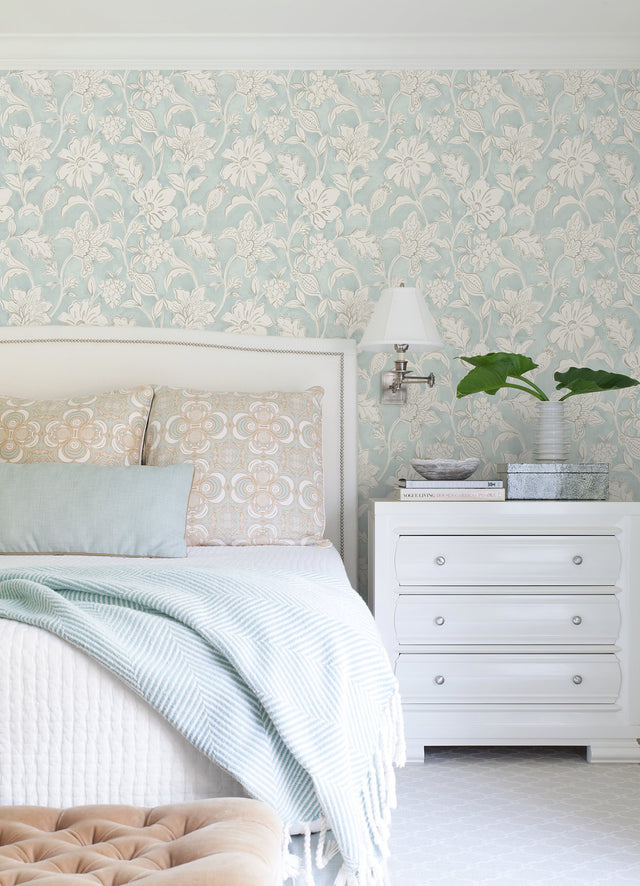 Plumeria Aqua Floral Trail Wallpaper with Botanical Flowers in Farmhouse Style - Chesapeake 4071-71038