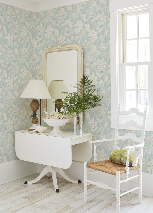 Plumeria Aqua Floral Trail Wallpaper with Botanical Flowers in Farmhouse Style - Chesapeake 4071-71038