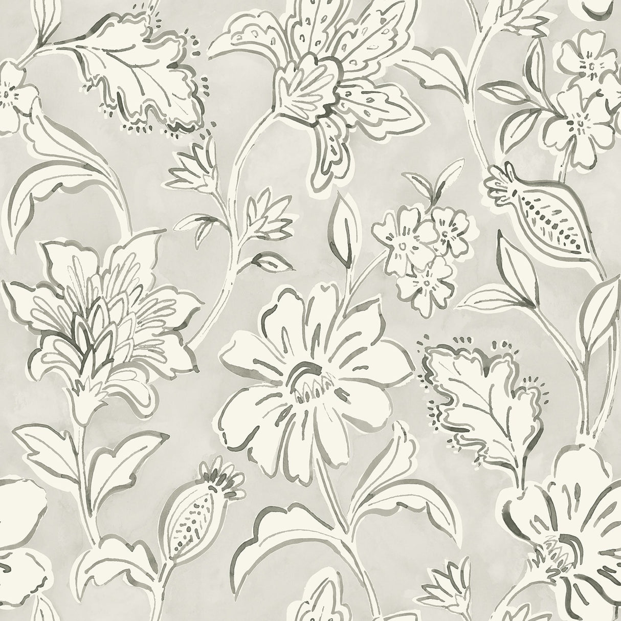 Plumeria Grey Floral Trail Wallpaper with Farmhouse Botanical Flowers - Chesapeake 4071-71039