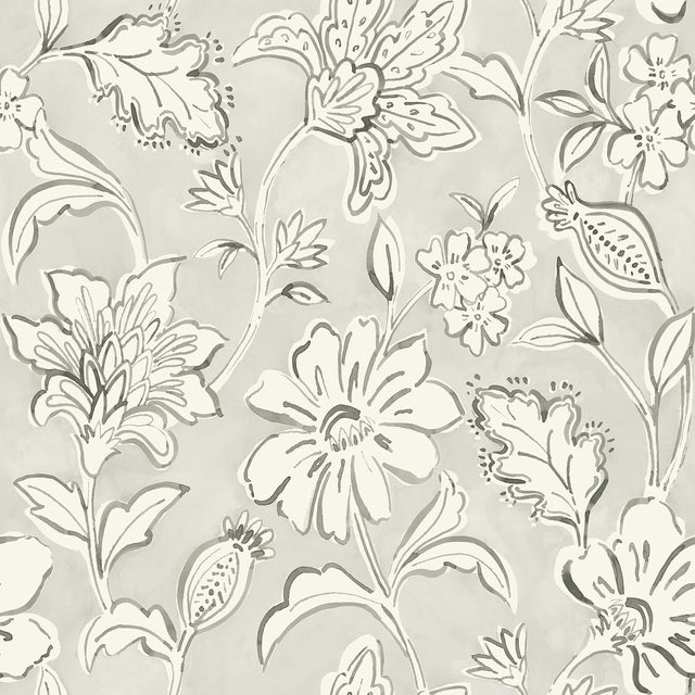 Plumeria Grey Floral Trail Wallpaper with Farmhouse Botanical Flowers - Chesapeake 4071-71039