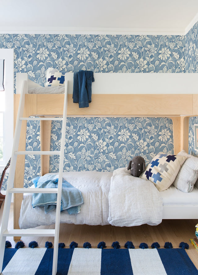 Plumeria Blue Floral Trail Wallpaper with Botanical Flowers  Chesapeake 4071-71040