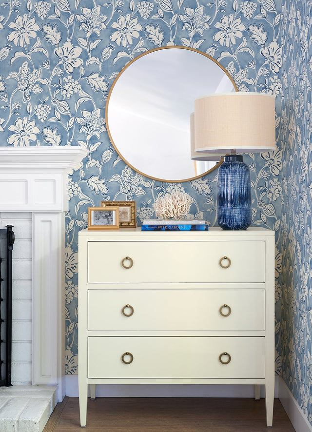 Plumeria Blue Floral Trail Wallpaper with Botanical Flowers  Chesapeake 4071-71040