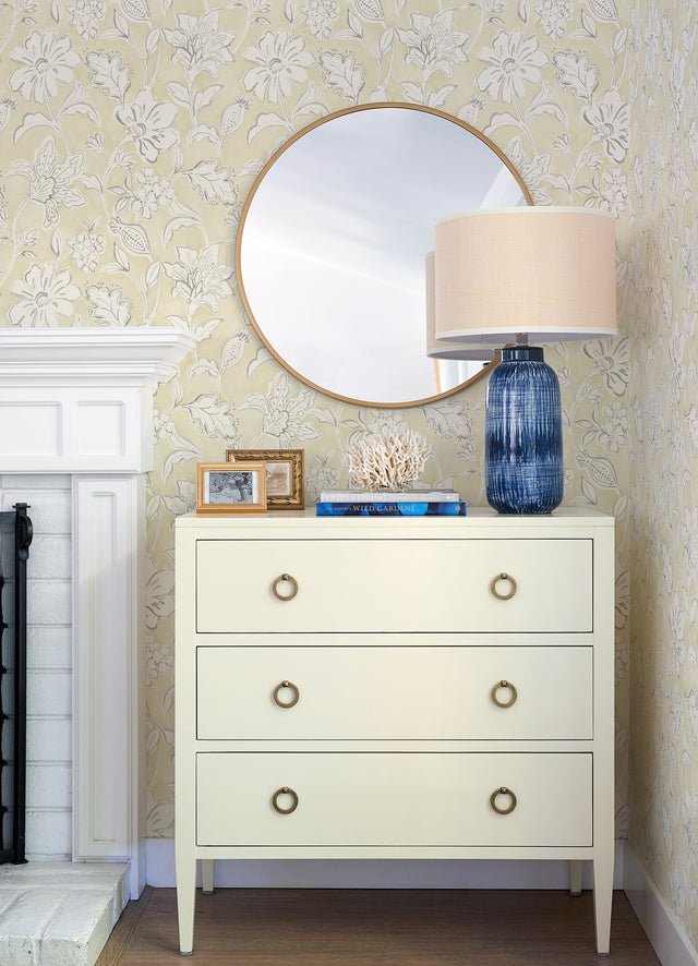 Plumeria Yellow Floral Trail Wallpaper with Botanical Flowers Motif - Chesapeake 4071-71041