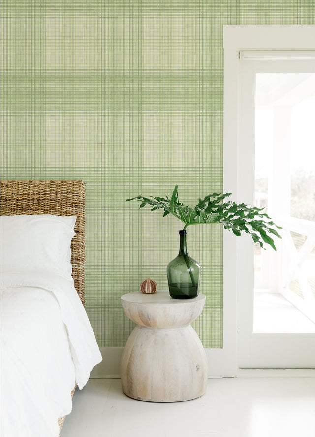 Madras Green Plaid Wallpaper with Fabric & Woven Textures Pattern, Coastal Style - Chesapeake 4071-71042