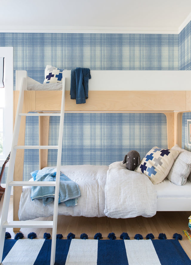 Madras Blue Plaid Wallpaper with Coastal Fabric & Woven Textures Pattern - Chesapeake 4071-71043