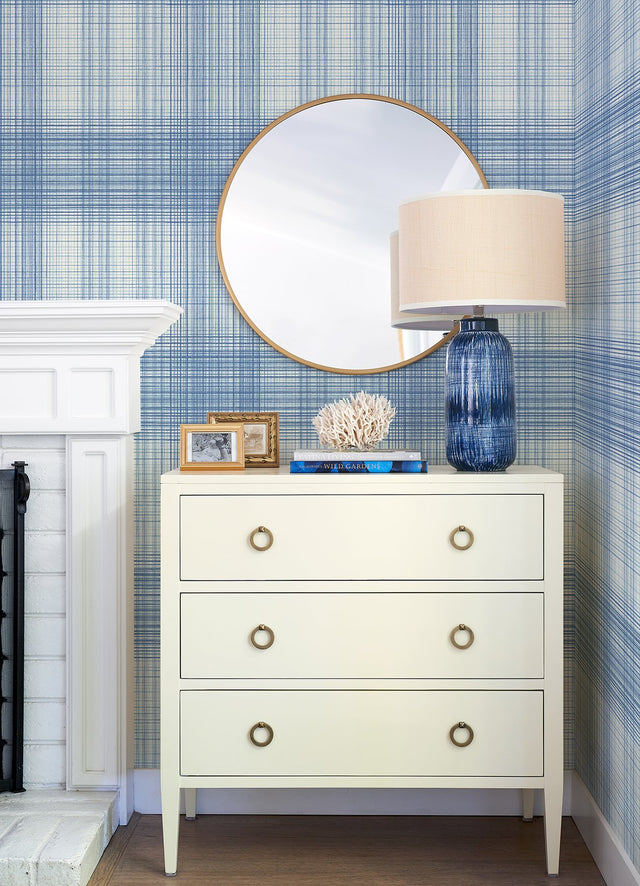 Madras Blue Plaid Wallpaper with Coastal Fabric & Woven Textures Pattern - Chesapeake 4071-71043