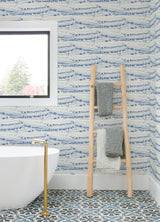 Rannell Navy Abstract Scallop Wallpaper with Coastal Sure Strip Design - Chesapeake 4071-71046