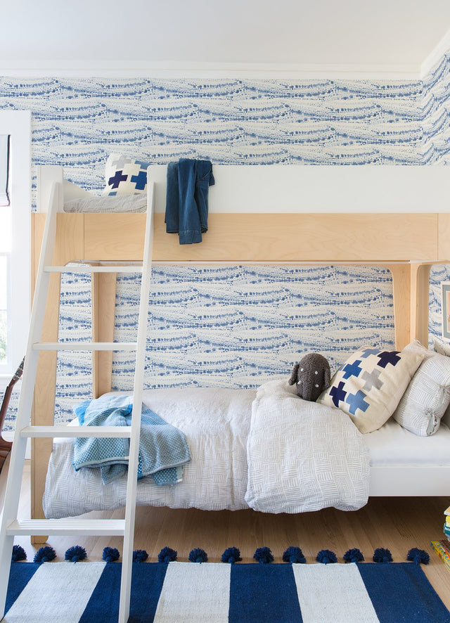 Rannell Navy Abstract Scallop Wallpaper with Coastal Sure Strip Design - Chesapeake 4071-71046