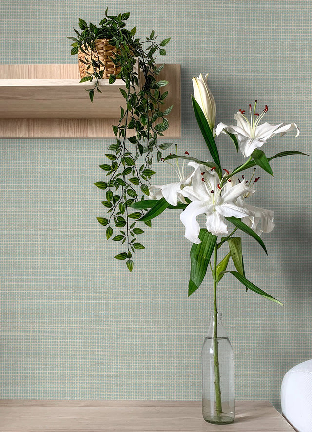 Spinnaker Aqua Netting Wallpaper with Fabric & Woven Texture Pattern, Transitional Style - Brewster 4071-71054