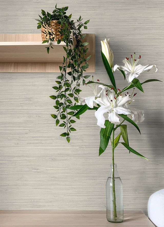 Grassweave Light Grey Faux Grasscloth Prepasted Sure Strip Wallpaper - Chesapeake 4071-71065