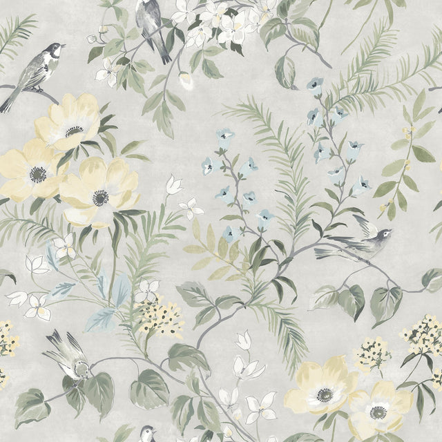 Frederique Grey Bloom Wallpaper with Botanical Floral Birds Pattern - Chesapeake 4072-70001