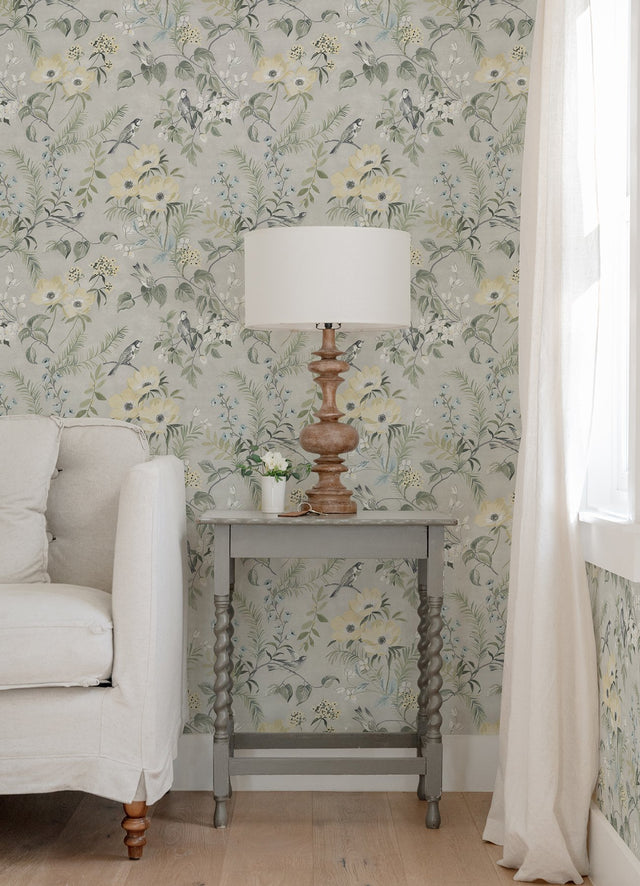 Frederique Grey Bloom Wallpaper with Botanical Floral Birds Pattern - Chesapeake 4072-70001