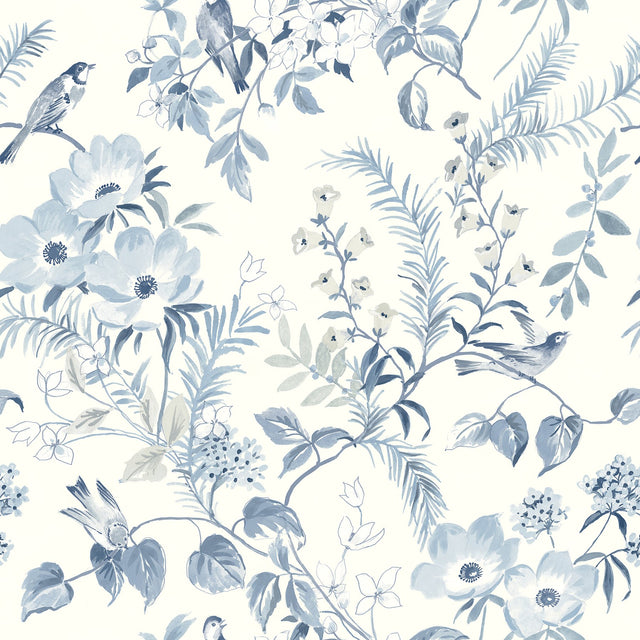 Frederique Blue Floral Wallpaper with Botanical Birds Motif - Chesapeake 4072-70004