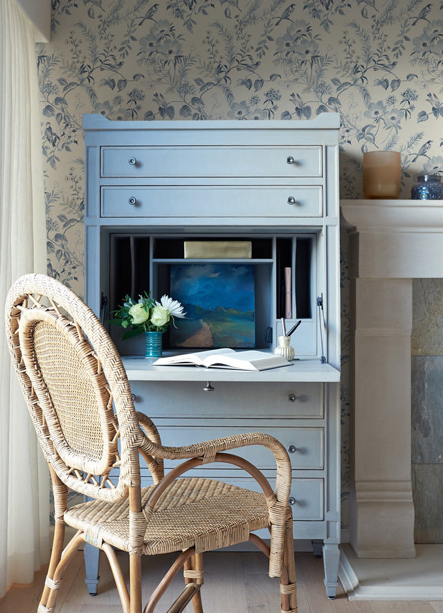 Frederique Blue Floral Wallpaper with Botanical Birds Motif - Chesapeake 4072-70004