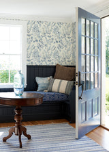Frederique Blue Floral Wallpaper with Botanical Birds Motif - Chesapeake 4072-70004