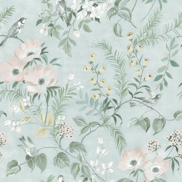 Frederique Mint Floral Wallpaper with Botanical Bird and Flower Motif - Chesapeake 4072-70005