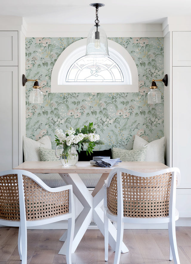 Frederique Mint Floral Wallpaper with Botanical Bird and Flower Motif - Chesapeake 4072-70005