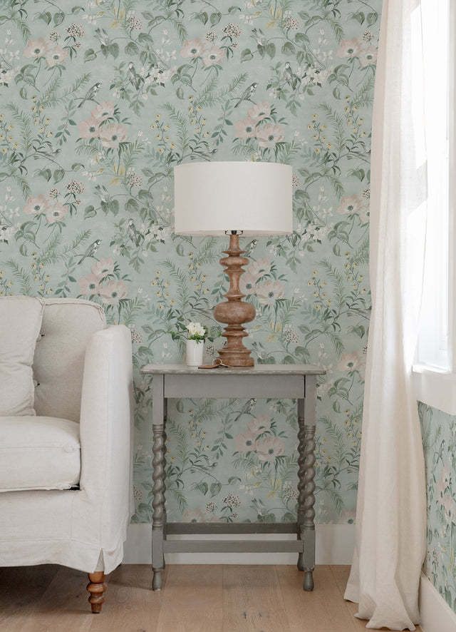 Frederique Mint Floral Wallpaper with Botanical Bird and Flower Motif - Chesapeake 4072-70005