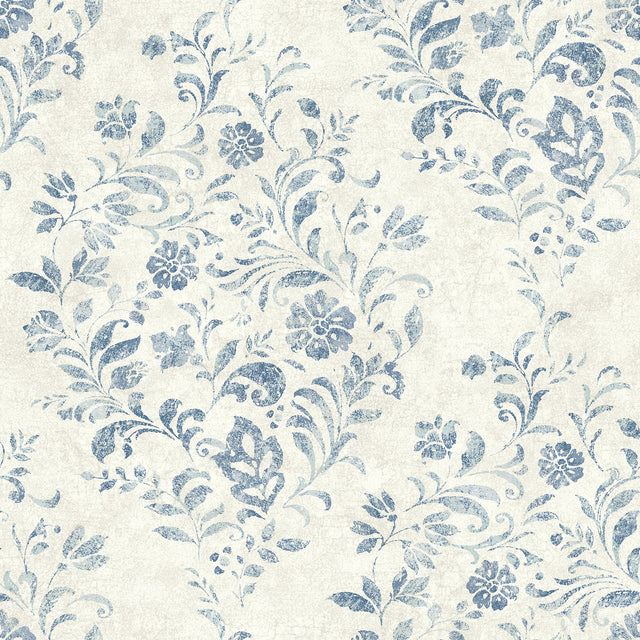 Isidore Blue Scroll Wallpaper with Botanical Scrolls Pattern, Country Style - Chesapeake 4072-70006