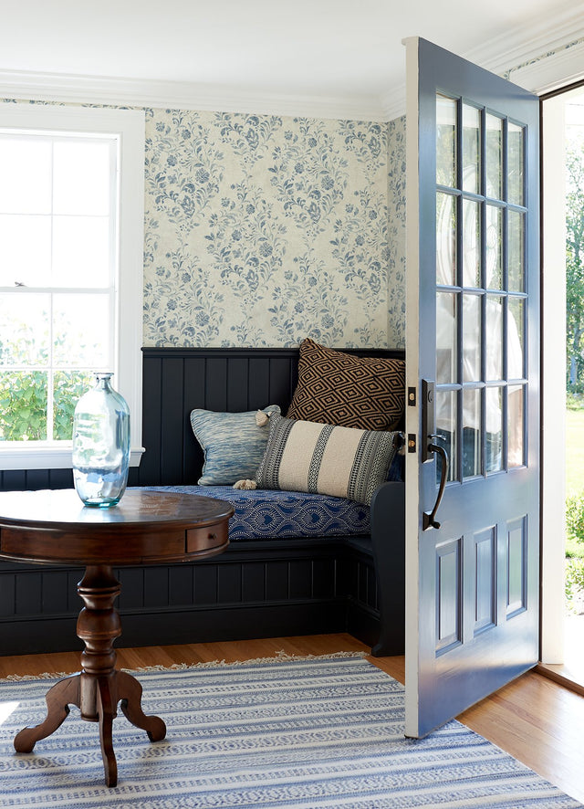 Isidore Blue Scroll Wallpaper with Botanical Scrolls Pattern, Country Style - Chesapeake 4072-70006