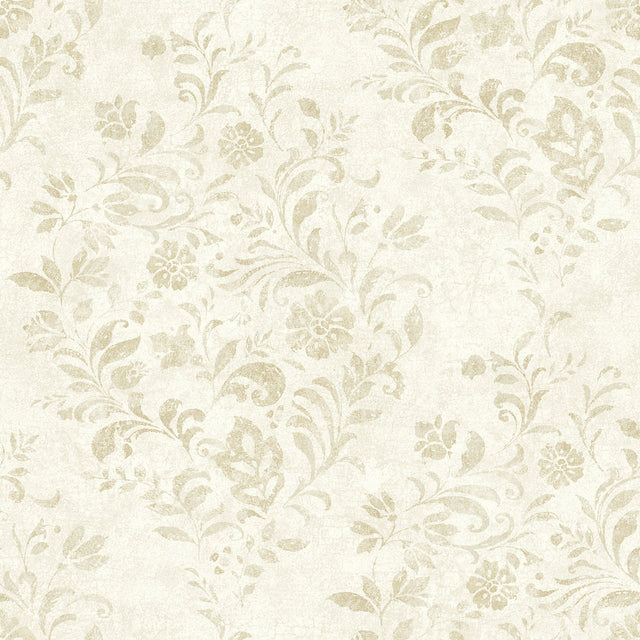 Isidore Wheat Scroll Wallpaper with Botanical Distressed Scrolls - Chesapeake 4072-70007